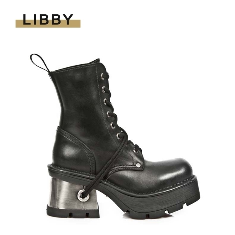 

Boots Punk Style Women Ankle Cow Genuine Leather Motorcycle Metal Chunky High Heel Platform Gothic Black Woman 221006, Black pu lining