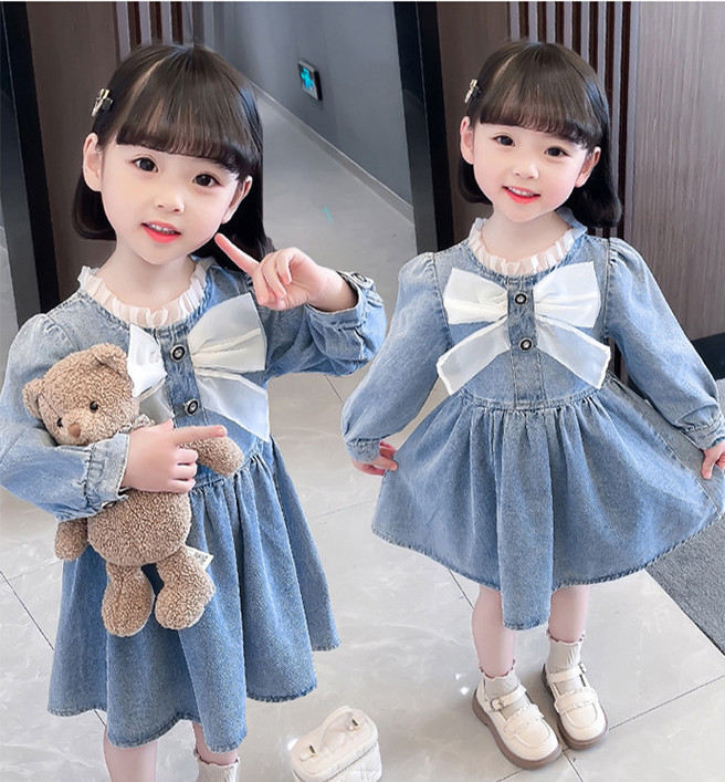 

Sweet girls Bows princess dress kids lace ruffle collar long sleeve denim dress autumn children soft cowboy clothes Q9024, As showed