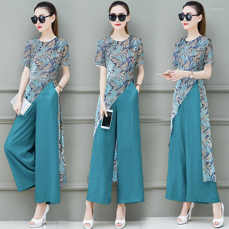 

Women' Tracksuits 2022 Summer Women 2 Two Piece Sets Chiffon Floral Print Long Blouse Tops Elastic High Waist Pant Suits Trousers Pantsuit, Green