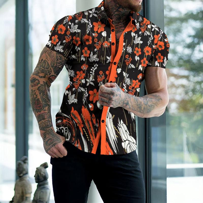 

Men's Casual Shirts Floral Printed Men Lapel Collar Button Summer Short Sleeve Shirt Holiday Male Blouses Camisas De Hombre, Gray