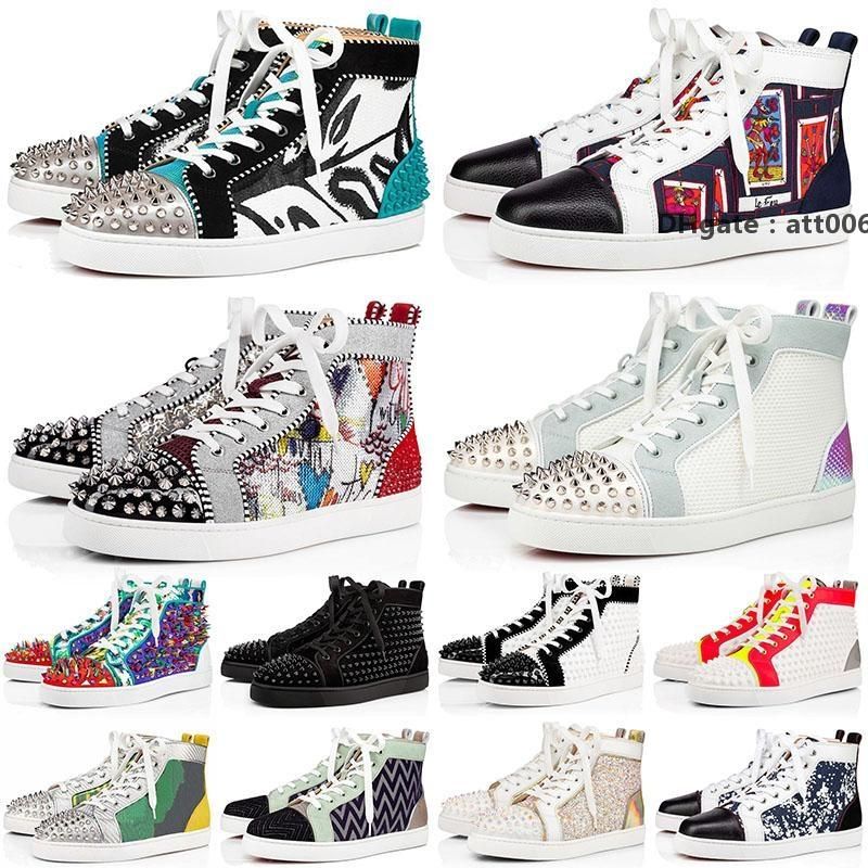 

Red-Bottoms Christians With Box 2021 Red Mens Womens Casual Shoes High Leather Luxurys Designer Suede studded Spikes loafers sneakers SC OGz, 21