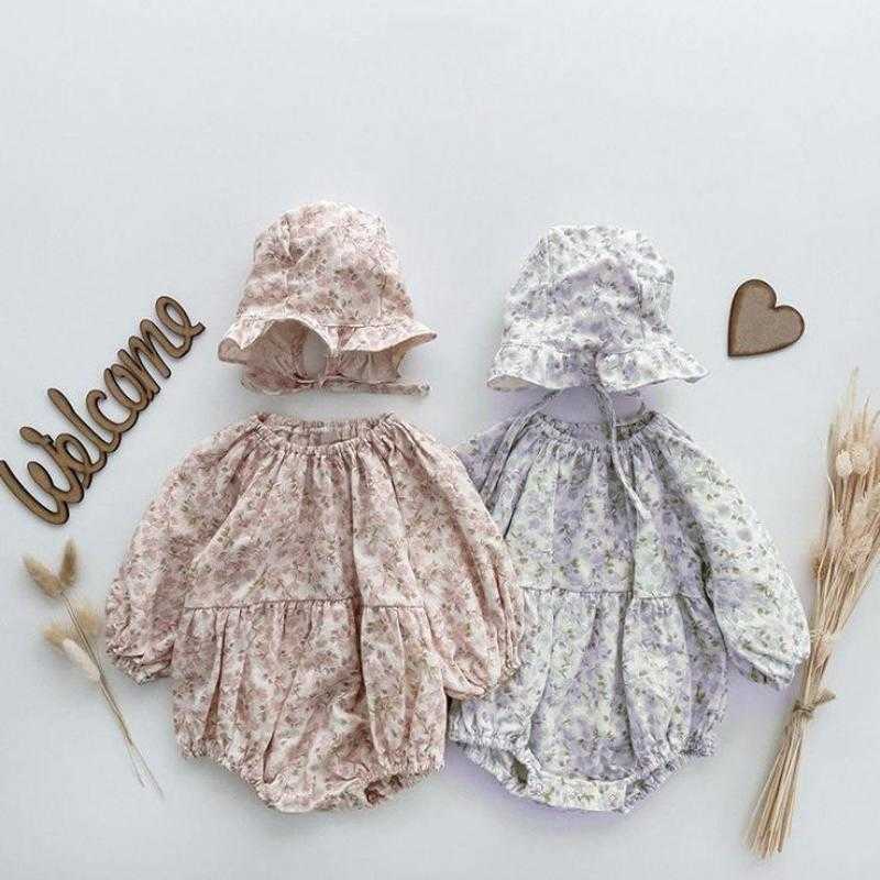 

Rompers Sweet Kid Girl Autumn Retro Flowers Full Sleeve Jumpsuit Kid Fashion Comfortable Cotton Bodysuit One Piece And Lacework Cap J220922, Pink