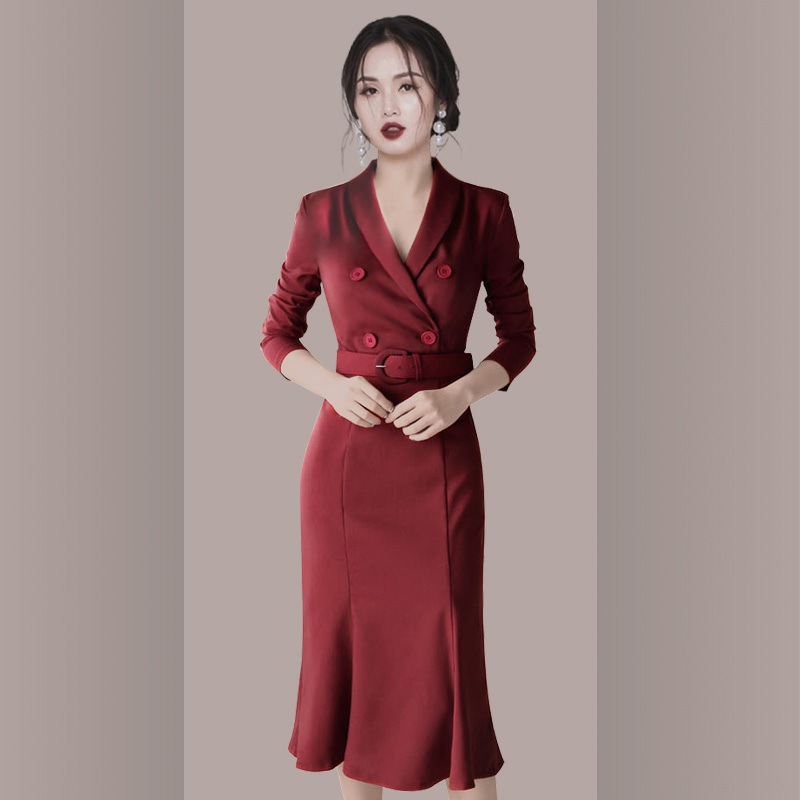 

Work Dresses Vintage Occupation Lady Elegant Blazer Collar Dress Women Fashion Double Breasted Spring Business Mermaid Dress With Belt 221006, Picture color