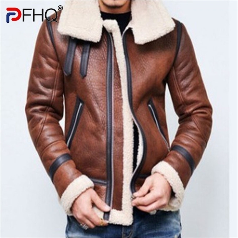 

Mens Fur Faux Fur PFHQ Autumn Winter Mens Motorcycle Leather Jacket Lamb Hair Liner Warm Trendy Flight Coat Fashion Faux Fur Wool Lapel Top 2201006, Black