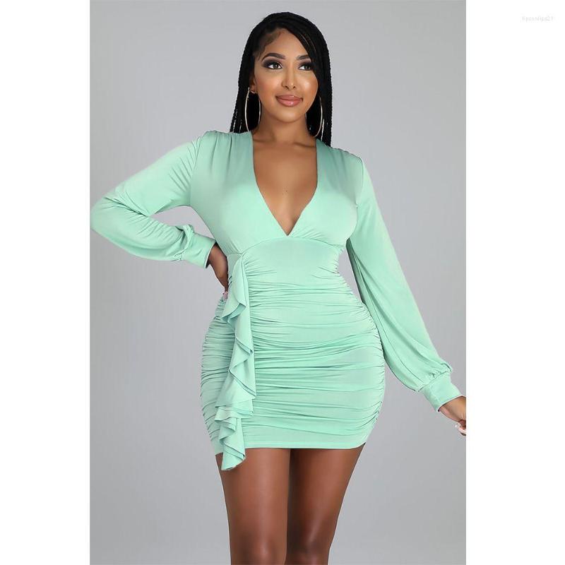 

Casual Dresses Sexy Long Sleeve Ruched Bodycon Women Ruffles Skinny Pleated Party Mini Dress Female V Neck Clubwear Robe Vestidos, Black