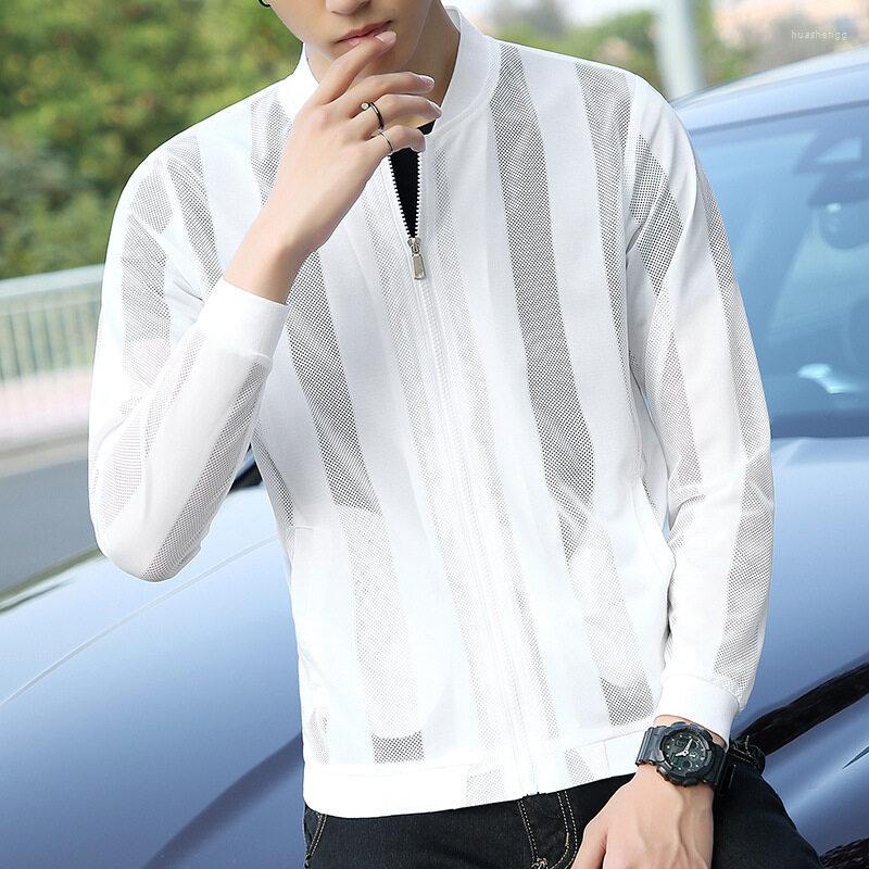

Men's Jackets Men's Male Summer Ultra Thin Mens Breathable Hollow Stripe Sunscreen Men's Jacket Large Size Skin Clothing, White