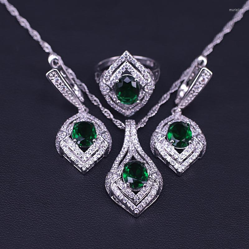 

Necklace Earrings Set Jewelry 925 Sterling Silver Green Stone White Cz Ring Pendant Jewellry Women Wedding/Party/Anniversary, Picture shown