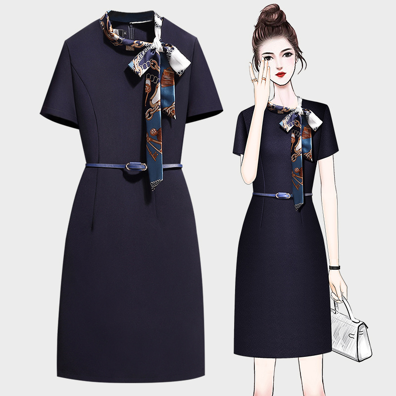 

Work Dresses Vintage Elegant Wear to Work with Belt Business Chic Party Formal Office Ladies Professional Career OL Women Dress Summer Autumn 221006, Navy blue