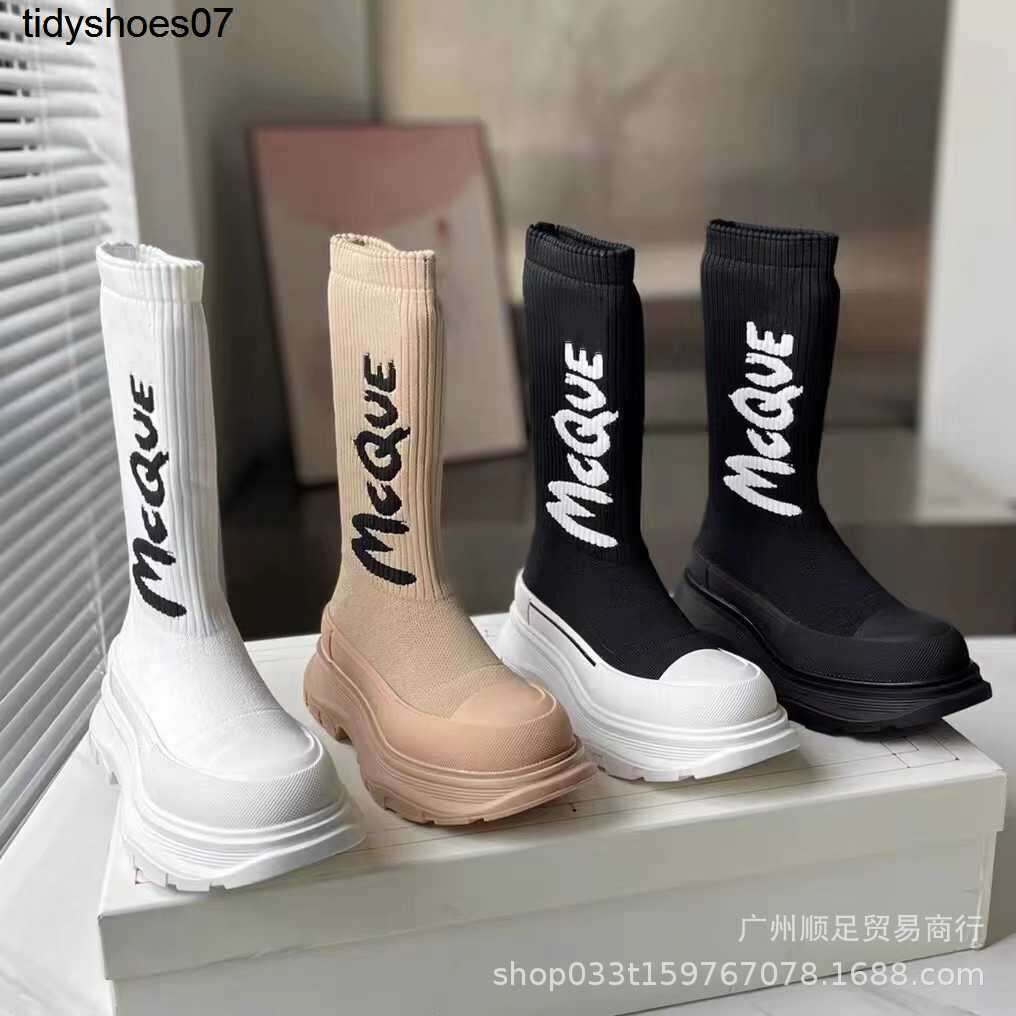 

Classics McQueens socks shoes women's autumn winter 2022 thick soles increased knitting elastic medium tube graffiti Martin boots, Black