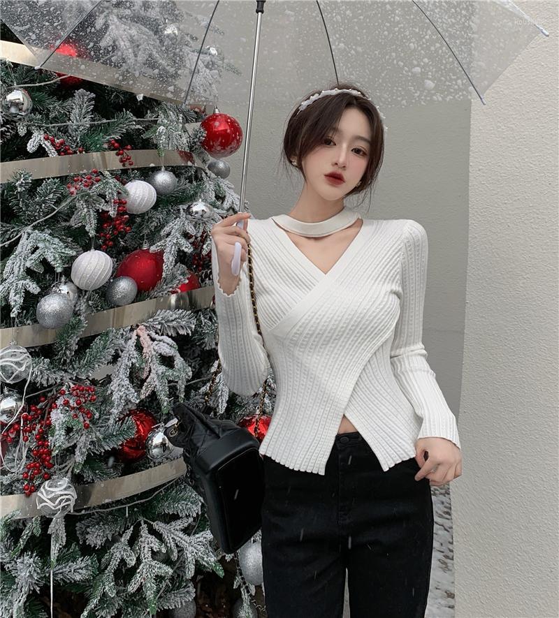 

Women's Sweaters Women Sexy Bodycon Knitted Sweater Cross V-Neck Halterneck White Bottoming Shirt Autumn Winer Long Sleeve Top Inside