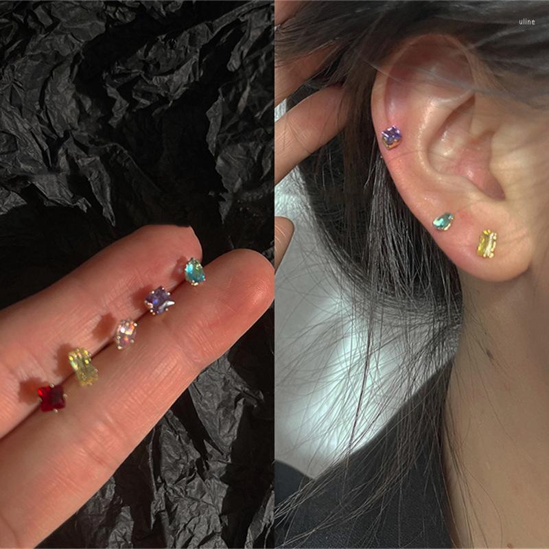

Stud Earrings 925 Silver Colorful Square Diamond Earring For Women Girl Korean Fashion Vintage Simple Small Ear Studs Niche Design Party