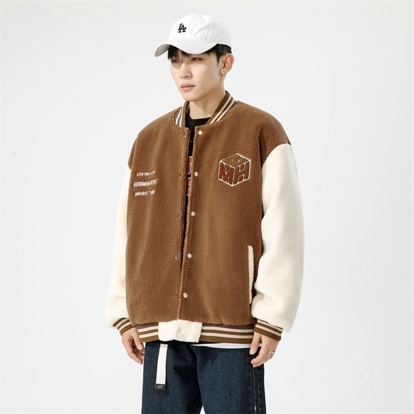 

Mens Jackets Winter Oversized Faux Lamb Fur Bomber Jacket Streetwear Men Warm Fashion Coat Korean Trend Fleece Baseball Jacket 221006, Camel