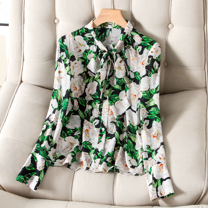 

2022 Autumn Round Neck Silk Ribbon Tie Bow Blouse Shirt Green Rose Floral Print Long Sleeve Buttons Single-Breasted Top Shirts D22TO05
