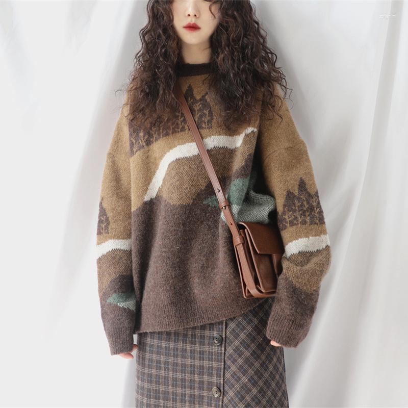 

Women's Sweaters Version Of The Dark Retro Round Neck Long-sleeved Forest Pattern Women's Sweater Casual Loose Knit Printed Pullover, Khaki