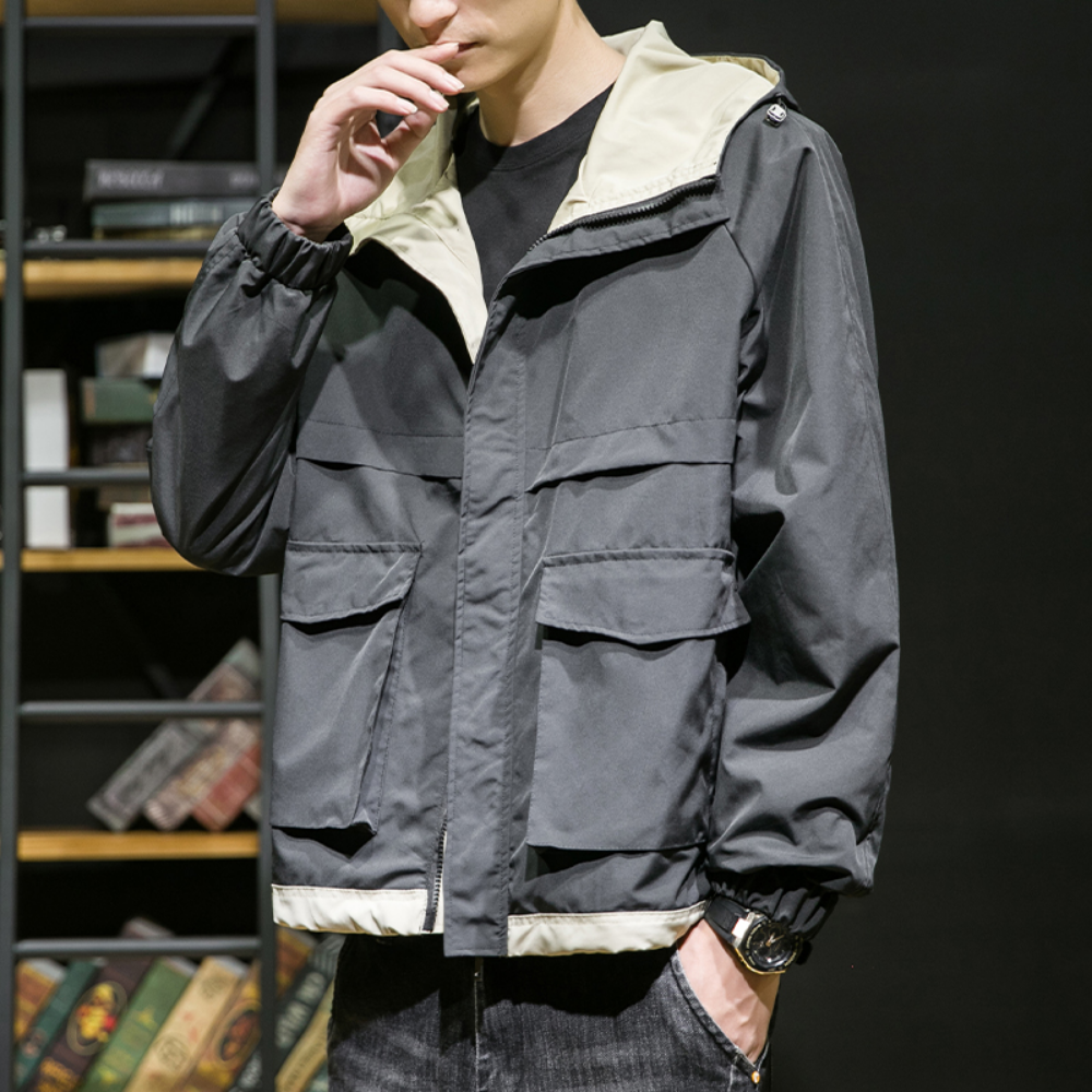 

Hooded Jacket Men Fashion Clothing Harajuku High Street Japan Style Casual Windbreaker Jackets Lightweight Jacket, Black