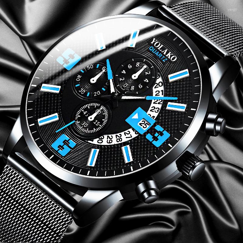 

Wristwatches 2022 Watches Mens Fashion Calendar Watch Men Business Stainless Steel Mesh Belt Quartz Wrist Male Clock Relogio Masculino, L black blue