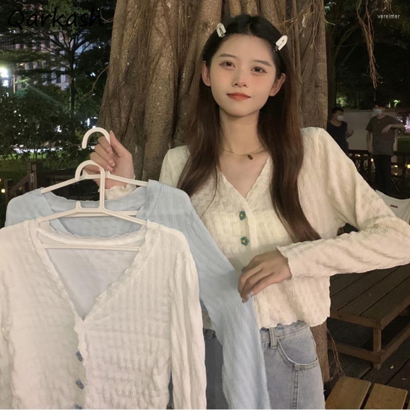 

Women's Blouses Cropped Shirts Women Flower Button V-neck Sweet Thin Spring Basic All-match Tender Girlish Holiday Feminina Camisas Ulzzang, Blue