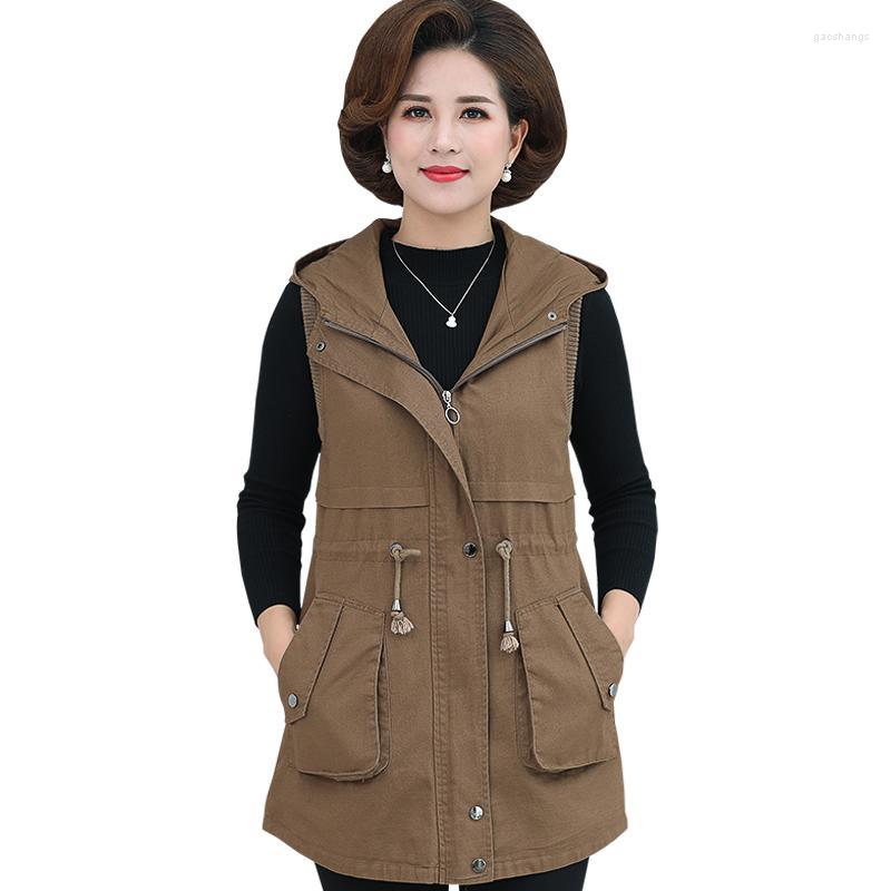 

Women's Vests Spring Autumn Women's Vest Middle-Aged Elderly Mothers Waistcoat Mid-Length Drawstring Hooded Sleeveless Casual Jacket, Khaki