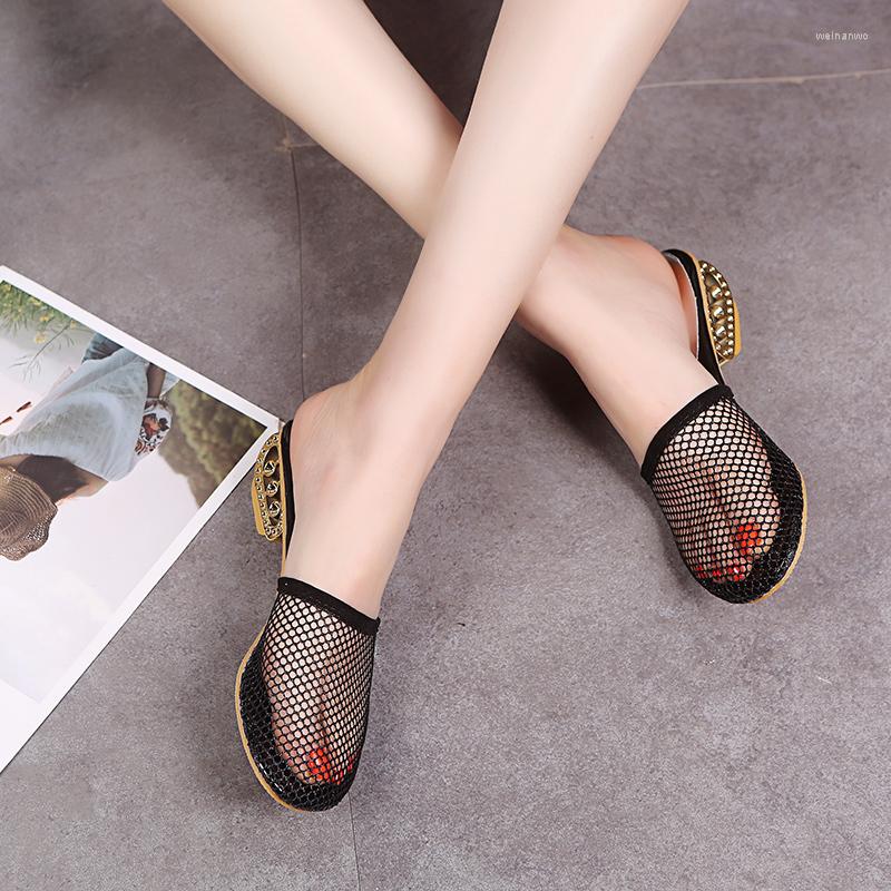 

Slippers 2022 Women Mules Half Slides With Heels Round Toe Mesh Hollow Out Golden Sandals For Female Slip On Summer Shoes, Black