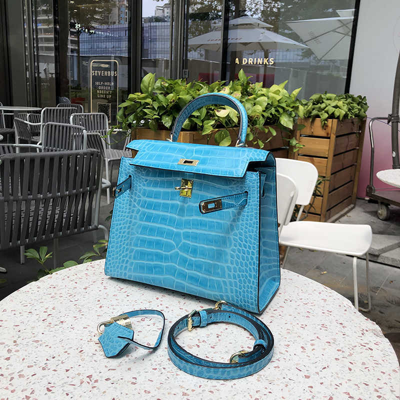 

Fashion Women Herme Totes bag s Cowskin Genuine leather Handbag Alligator kellies hand women s versatile one shoulder fashion Crossbody sma, Blue