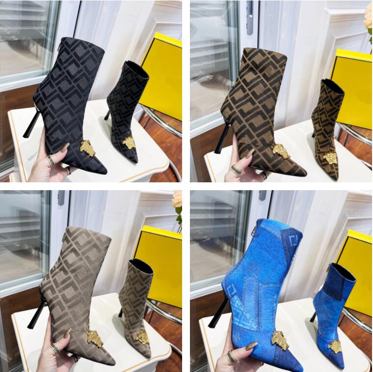 

5A Fendance Luxury Women High Boot 2022 Denim Patchwork Jacquard Boots Pointed Zipper Ankle Knee Booties, Color 1