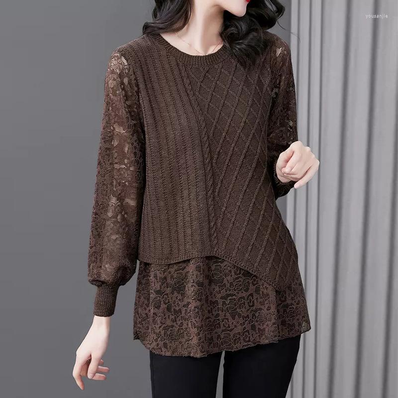 

Women's Blouses 2022 Autumn Women Lace Shirts Fashion O-Neck False 2 Piece Patchwork Irregular Hem Female Tops Oversize High Quality, Coffee