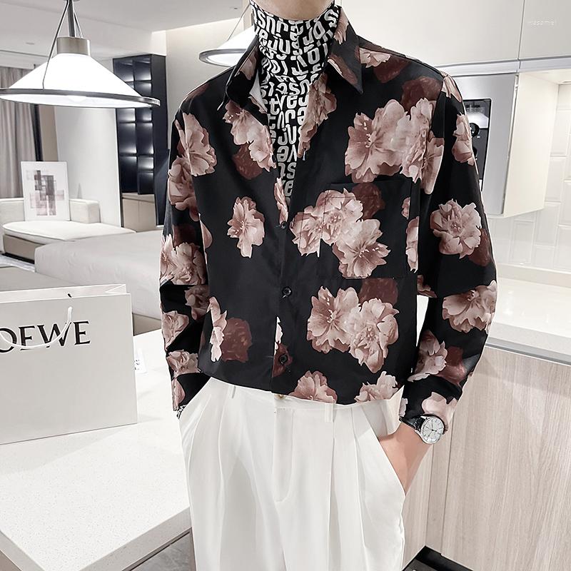 

Men's Casual Shirts 2022 Flower Printed Men's Shirt Autumn Long Sleeve Loose Street Social Party Male Clothing Nightclub Chemise Homme, Black