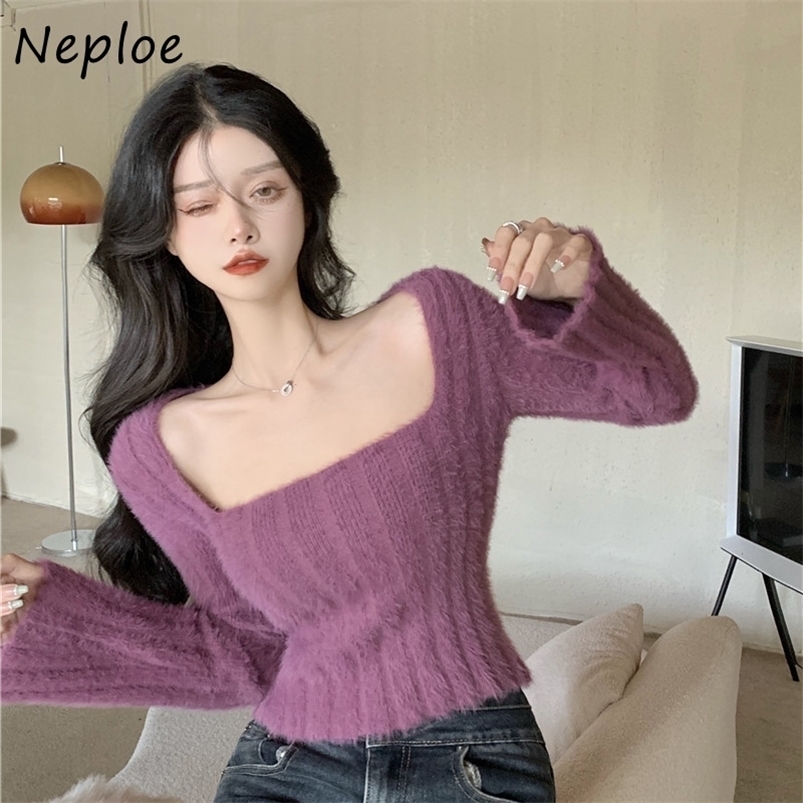 

Women's Sweaters Neploe High-street Square Neck Purple Sweater Woman Slim Knit Women's Clothes Long Sleeve Fashionable Short Pullover Jumpers 221006, Apricot