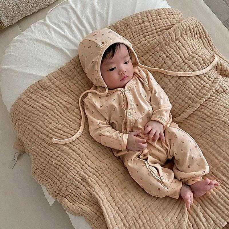 

Rompers Infant Retro Floral Long Sleeves Romper Single Breasted Soft Cotton Girl Jumpsuit Boy Autumn Outfits With Laceup Cap J220922, Grey