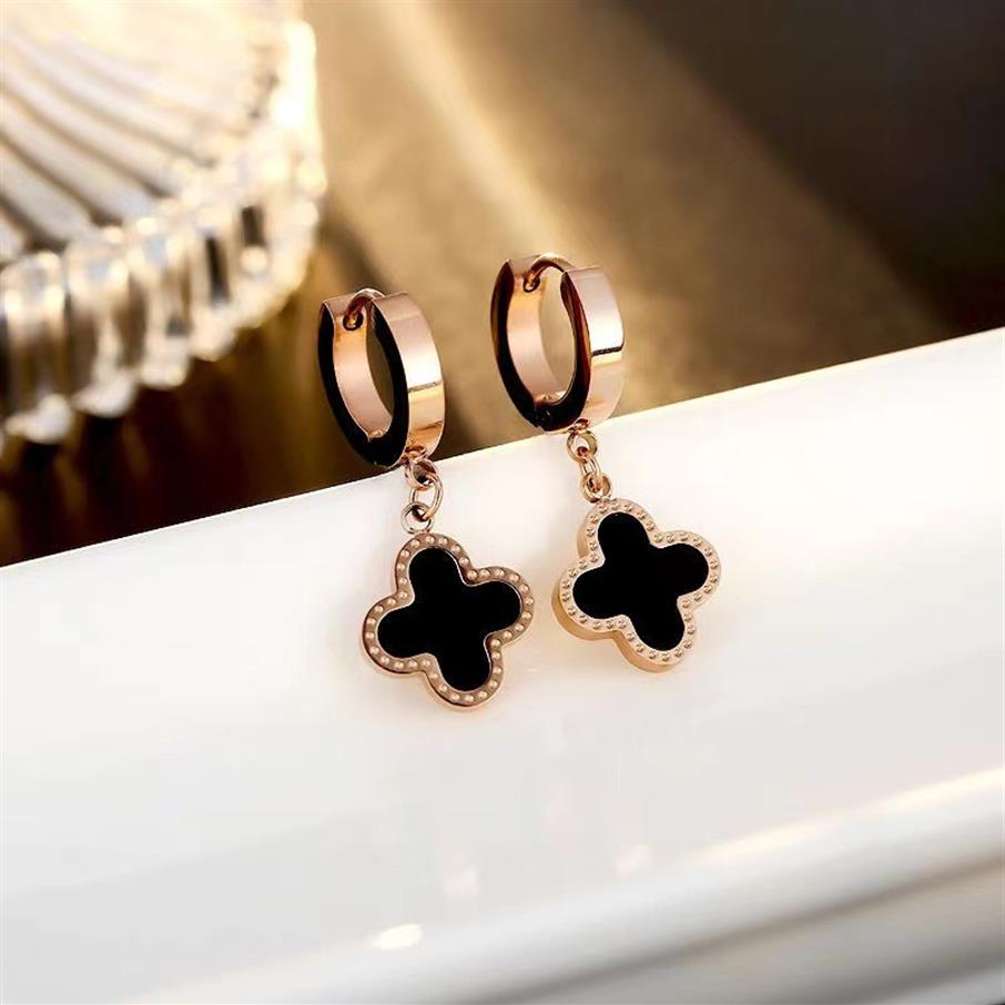

Korean Style Clover Dangle Earring Rose Gold Titanium Steel Huggie Earrings Jewelry for Women256o