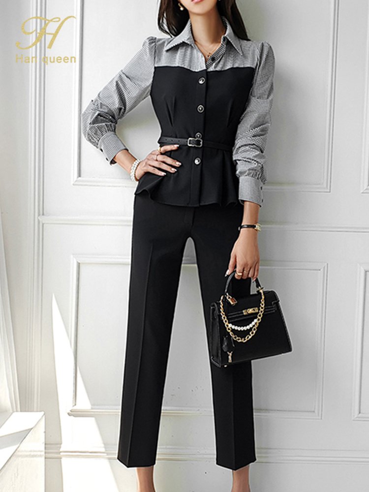 

Women's Suits Blazers H Han Queen Autumn Occupation 2 Piece Women Elegant Splicing Plaid Shirts Simple Pants Korean OL Casual Work 221006, Black