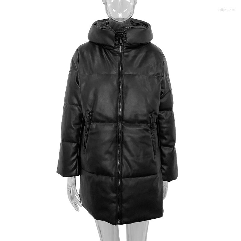 

Women's Down Winter Cotton Long Coat Women Elegant Casual Loose Ladies Jacket Fashion PU Leather Zipper Hooded Pure Black Parka