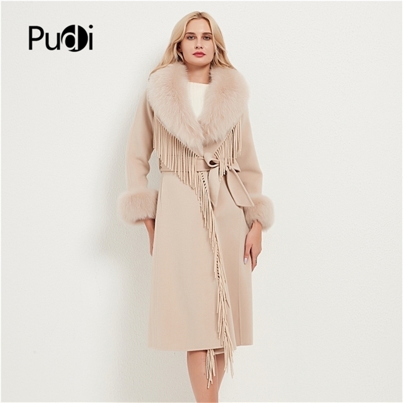 

Womens Fur Faux Pudi Women Real Coat Jacket Female Lady Wool Blends Collar Coats Jackets Long Trench CT034 220930, Black