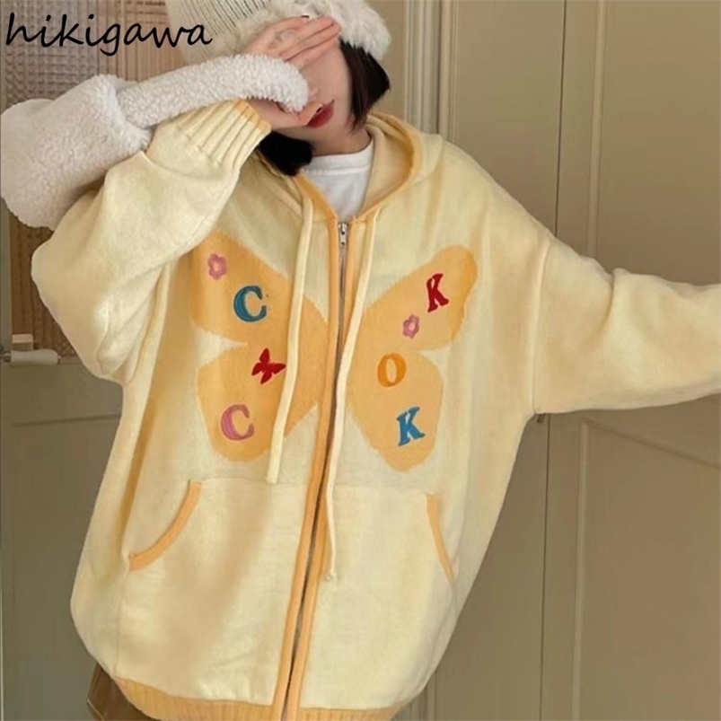 

Women' Knits Tees Knitwear Sweaters Coat Women Sueter Mujer Hooded Embroidery Zipper Print Oversize Cardigan Fashion Casual Y2k Tops Pull Femme 221006, Blue