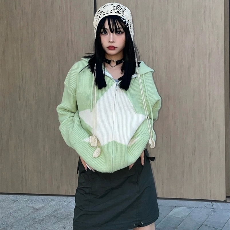 

Women's Knits Tees Knitted Cardigan Jackets Women Ropa Mujer Pull Femme Casual Hooded Hole Fashion Sweaters Y2k Tops Hip-hop Korean Sueter 221006, Green