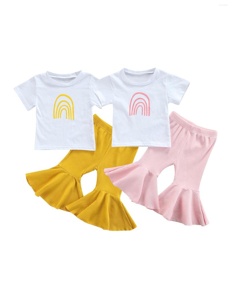 

Clothing Sets Infant Short Sleeve Shirt Flared Pants Rainbow Pattern Print Bright Color Summer 6M-4T 2Pcs Outfit, Pink