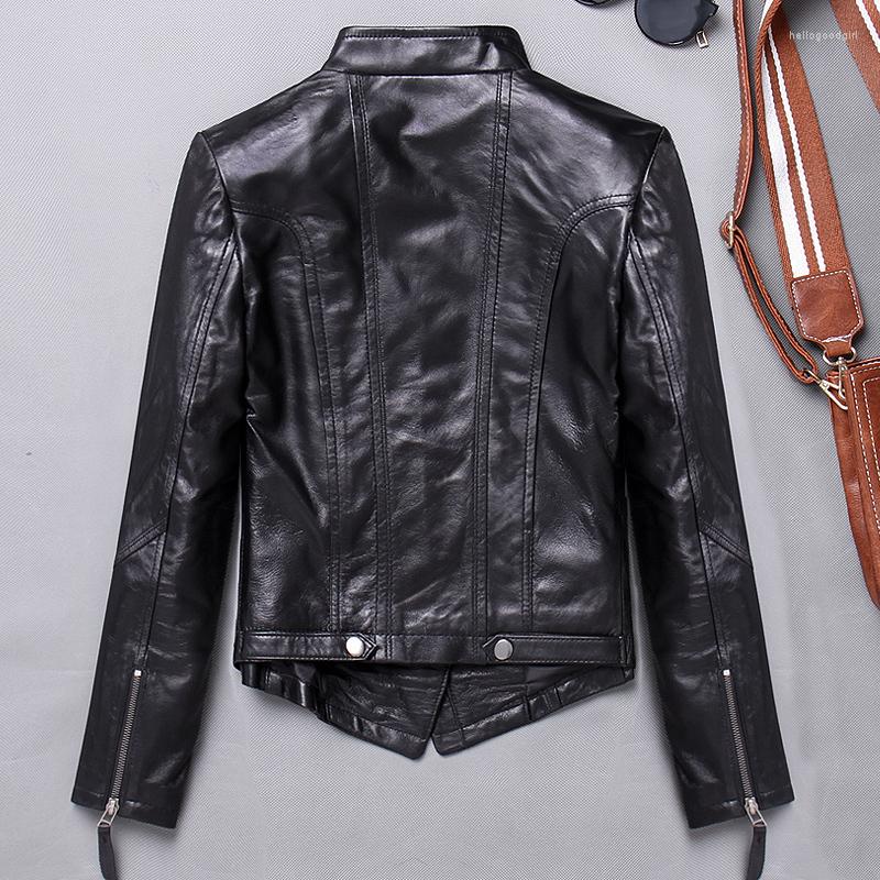 

Women's Leather 2022 Genuine Women Sheepskin Coat Slim Fit Biker Motorcycle Jacket Autumn Real Jackets 1715, Black
