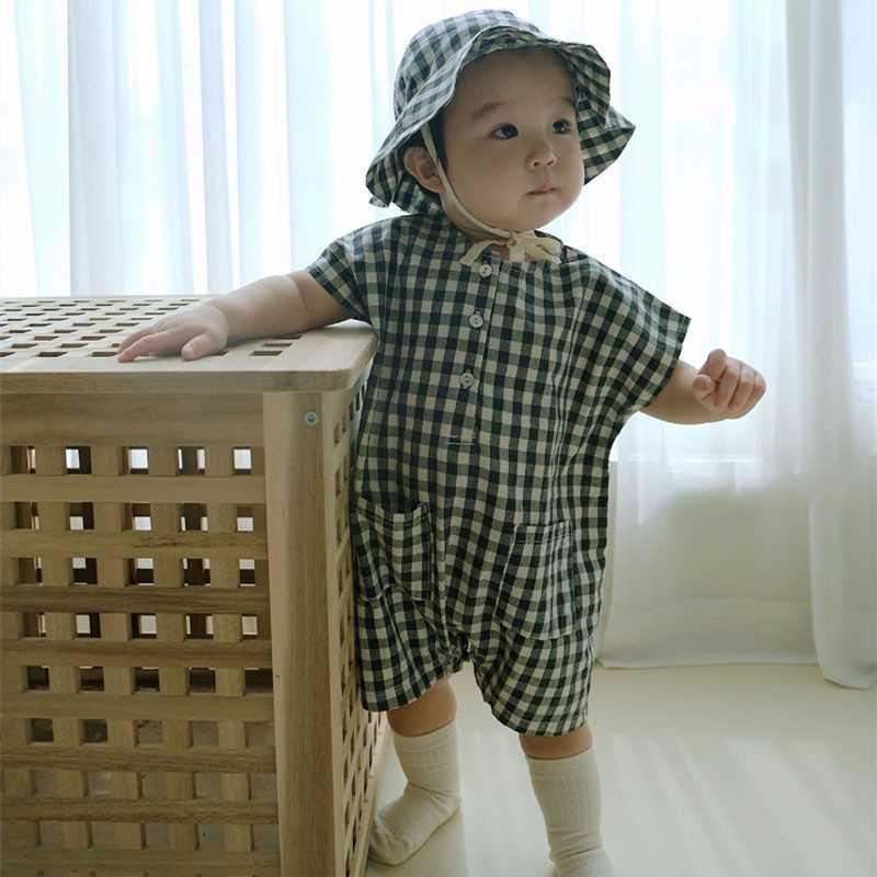 

Rompers Baby Girl Summer Fashion Solid Two Pockets Sleeveless Jumpsuit Toddler Boy New Plaid Loose Cotton Romper Kid Outfits J220922, Apricot.