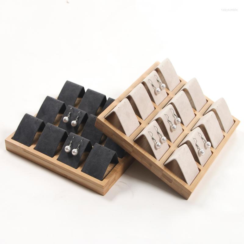 

Jewelry Pouches Bamboo Tray Beads Organizer Box Wedding Earring Holder Beige Velvet Show Rack Jewellery Packaging Case Display Stand