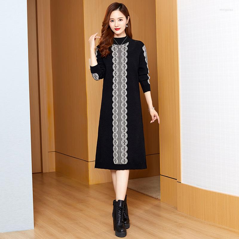 

Casual Dresses 2022 Black Patchwork Plaid Knitted Cotton Midi Dress Women Korean Vintage Sweater Autumn Winter Thick Warm Party Vestidos