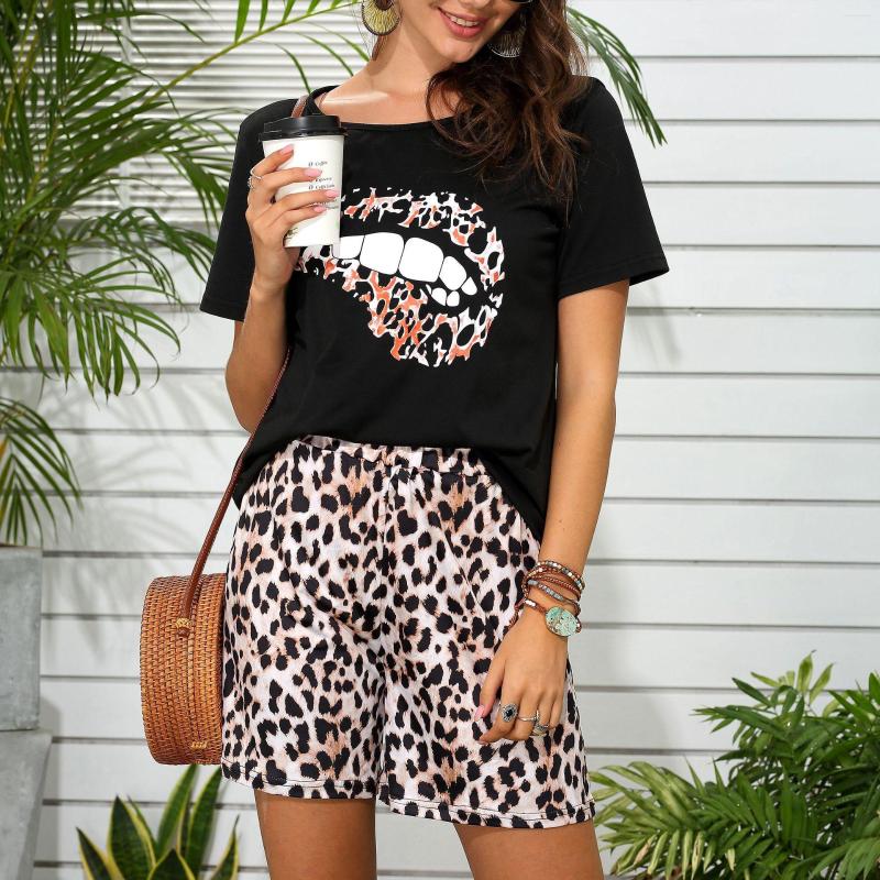 

Women's Tracksuits 2022 Summer European And American Women's Leopard Print Lips One-shoulder T-shirt Shorts Set, Black