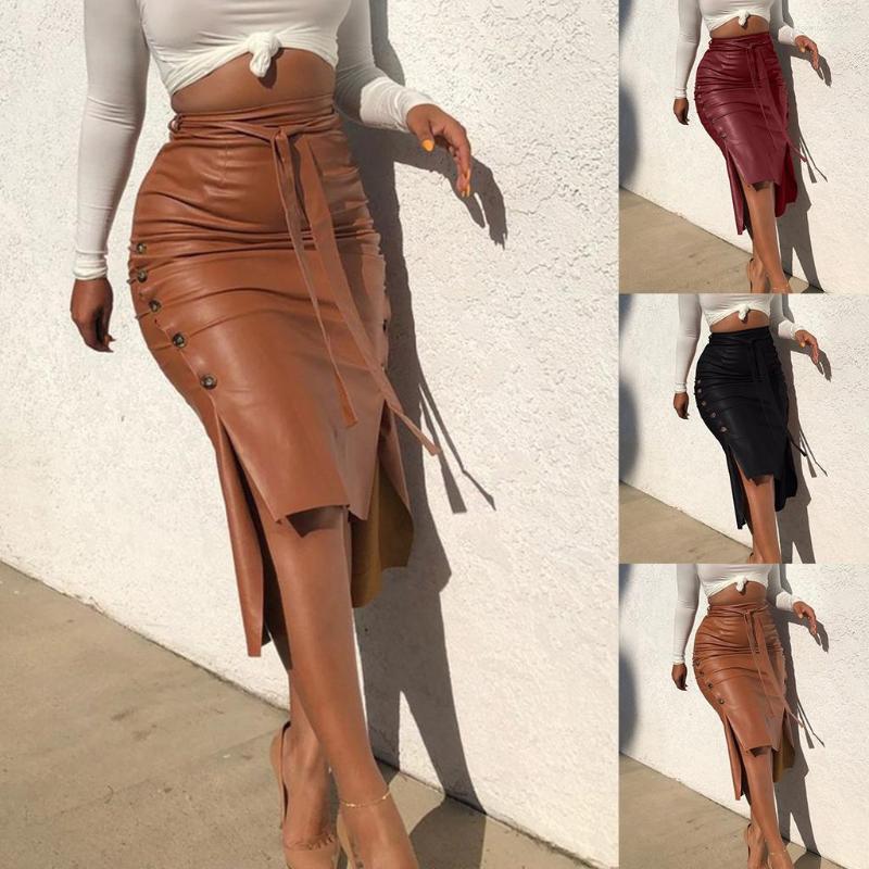 

Skirts 2022 Fashion Women' MIDI Skirt Slim Cut Leather Belt Solid Color Button Pencil Stretch Wrap Hip 3 Colors Opti, Black