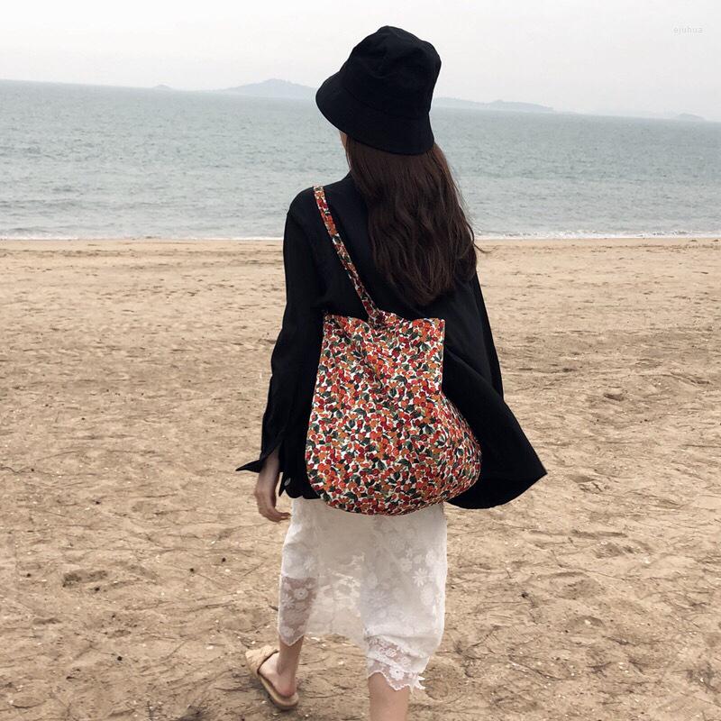 

Evening Bags Large Capacity Canvas Tote For Women Small Floral Pattern Reusable Ladies Shopping Shoulder Girls Student Flower Handbags, Red a