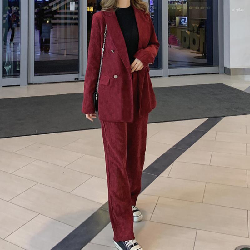 

Women' Two Piece Pants Vintage Corduroy Women Blazer Pantsuit Female Spring Long Sleeve Jacket Pant 2 Set Office Ladies Casual Business, Burgundy