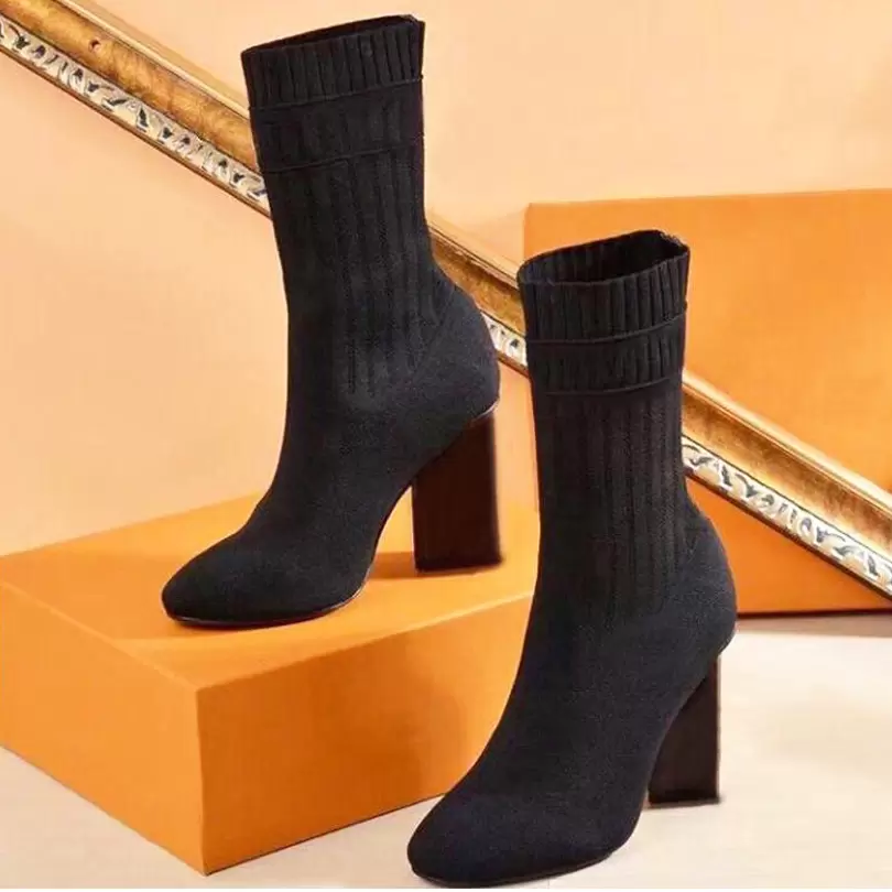 

Heeled Heel Boots Elastic Boot Women Shoes High Heels Autumn Winter Socks Fashion Sexy Knitted Designer Alphabetic Lady Letter Thick Large Size 35-42 Us5-Us11 Have Box, Style 1