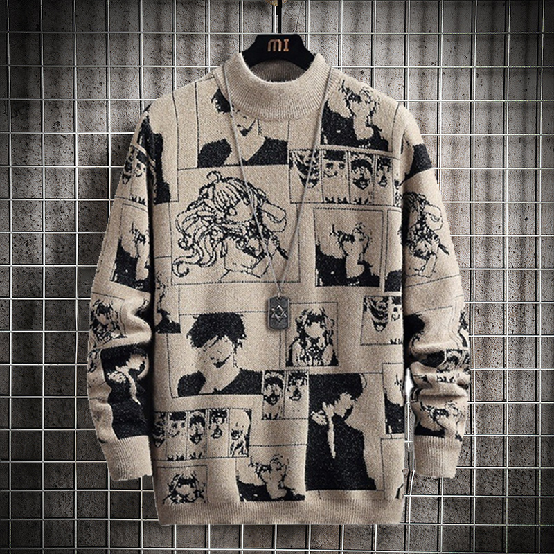

Anime Sweater Men Winter Sweaters Long Sleeve Pullovers Anime Clothes Streetwear Cartoon Pattern Mock Neck Japan, Dark gray