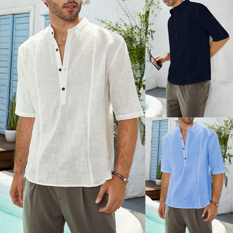 

Men's Casual Shirts Helisopus Seaside Vacation Men's Linen Short Sleeve Solid Color Shirt Loose Fitted Dress Top T Beach Style S-2XL, Black