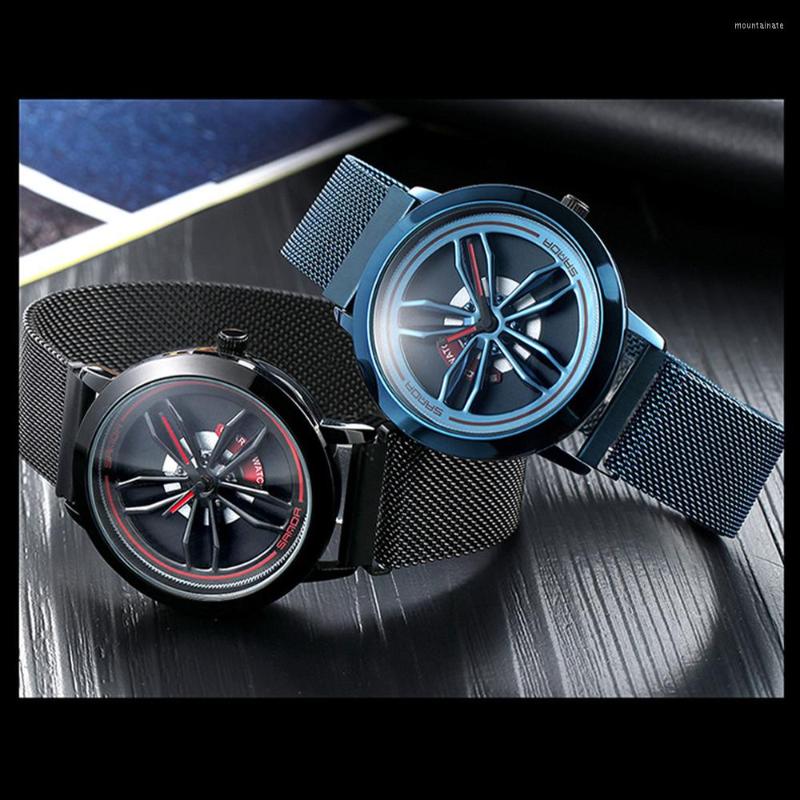 

Wristwatches Quartz Watches Fashion Luxury Men Milanese Watch Creative Rotating Dial Waterproof Hollow Car Wheel, Black