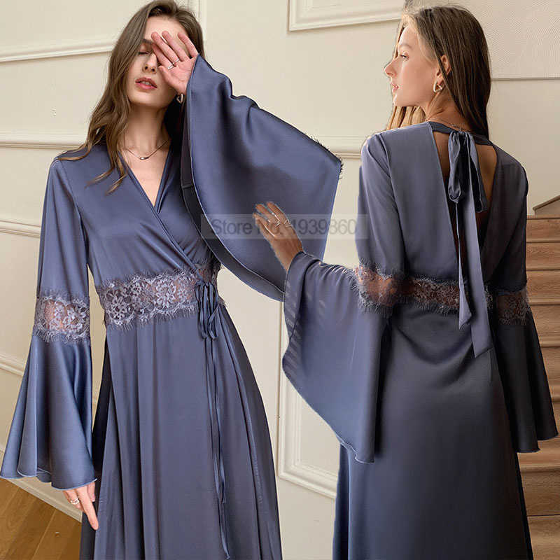 

Women's Sleepwear Lace Patchwork Robe Gown With Belt Female Satin Loose Kimono Bathrobe Lingerie Ultra Long Sleepwear Sexy Perspective Loungewear T221006, Purple 6 b