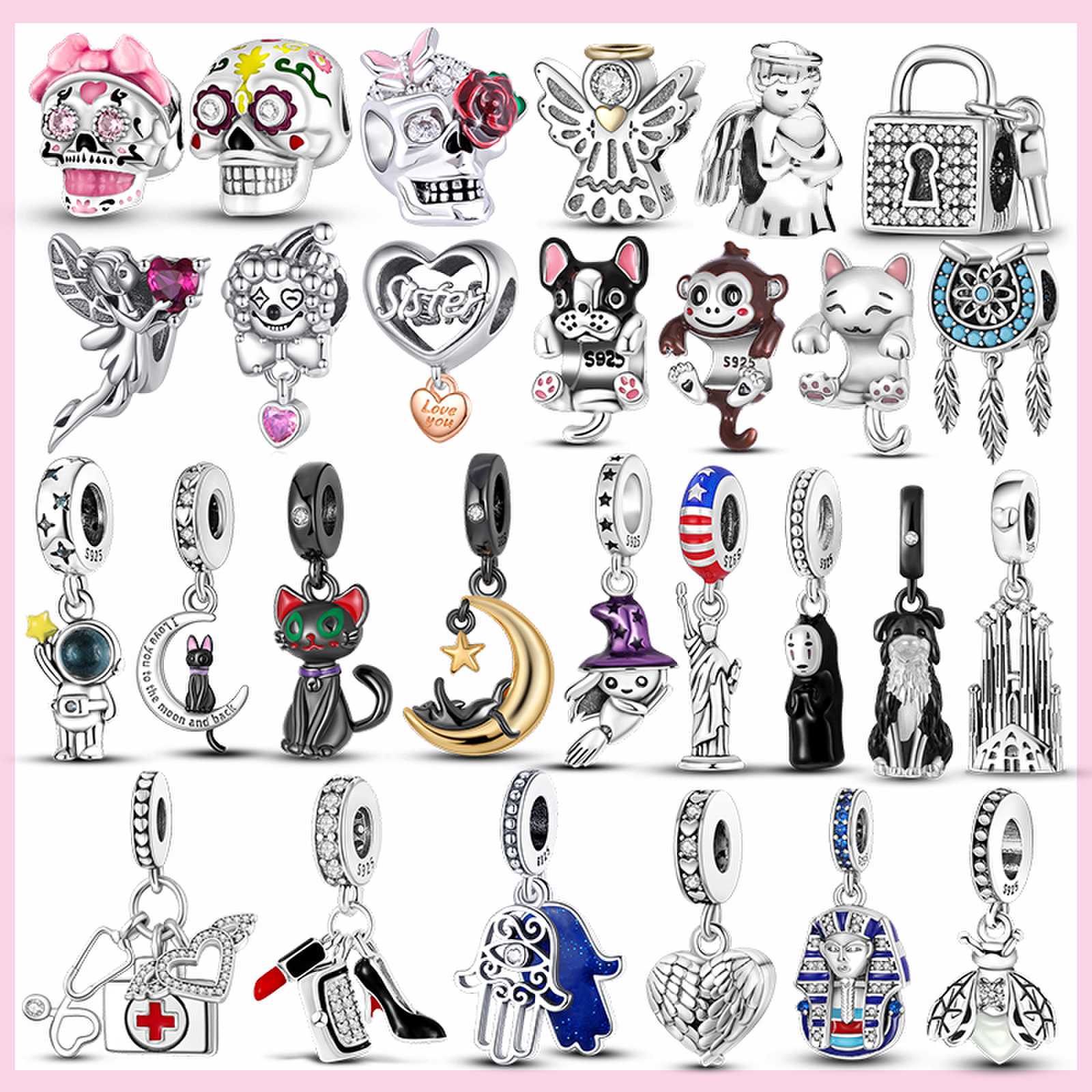 

925 Silver Fit Pandora Charm 925 Bracelet Halloween Skull Black Cat Pumpkin Witch Spider Love charms set Pendant DIY Fine Beads Jewelry